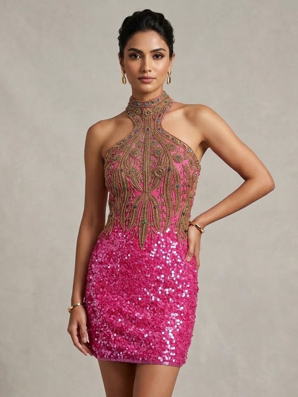 Embellished Hot Pink Halter Backless Sequin Cocktail Dress
